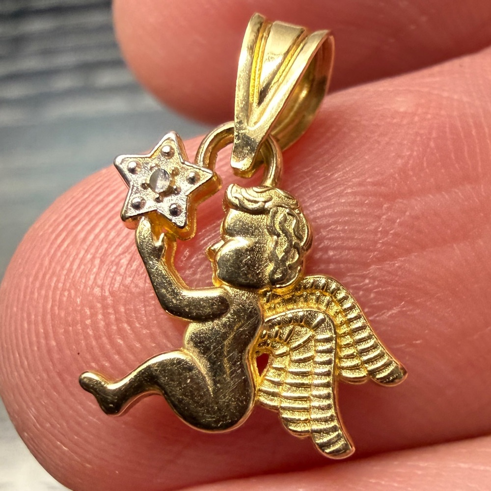 14k VINTAGE SOLID YELLOW GOLD MICHAEL ANTHONY CHERUB & STAR PENDANT 0.6 gr